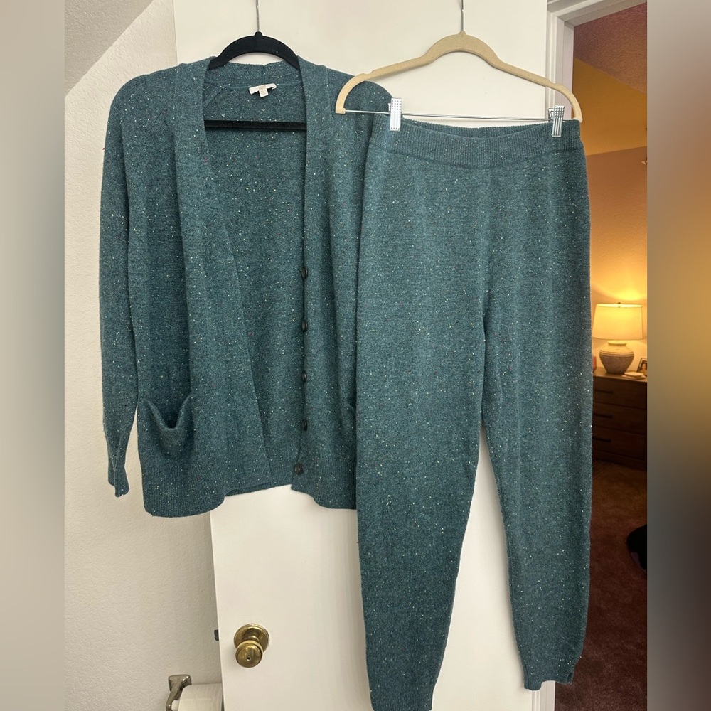 Lunya Teal Knit Cardigan and Pants Set